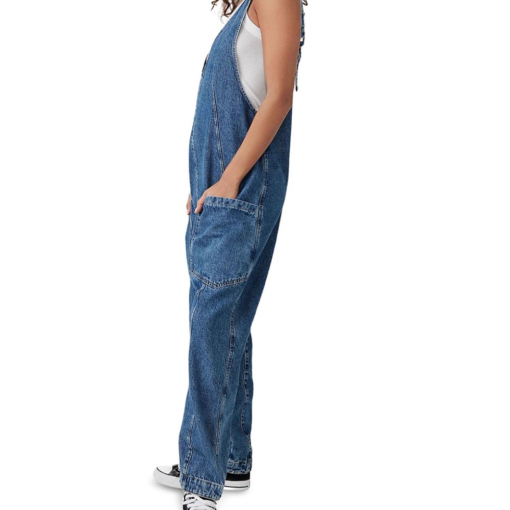 Free People We The Free High Roller Cotton Denim Jumpsuit in Sapphire Blue - Picture 3 of 6